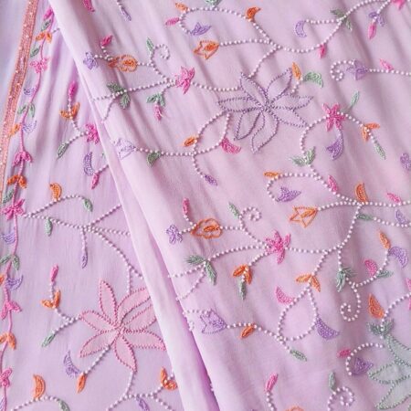 Grace in six yards – a Vibrant  Chikankari saree with shadow work and delicate embellishments, woven for timeless elegance.