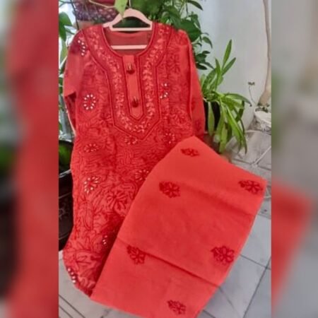 Chikankari On Kota Fabric With Thread Embroidery, Phanda, Murri & Bakhia Stitch In Crimson, Ready To Wear