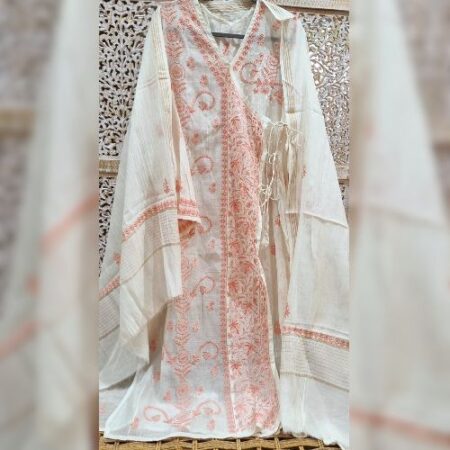 Handcrafted Chikankari On Mul Chanderi With Resham Thread & Angrakha Kurta In Ivory & Coral Embroidery, Ready To Wear