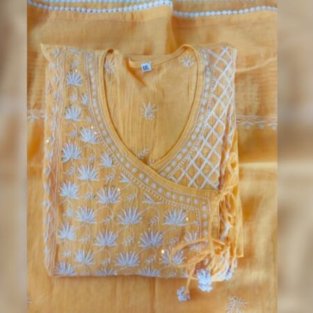 Soft Chanderi Mul Angrakha Style Chikankari With Cutdaana & Bakhia Stitch In Copper, Ready To Wear