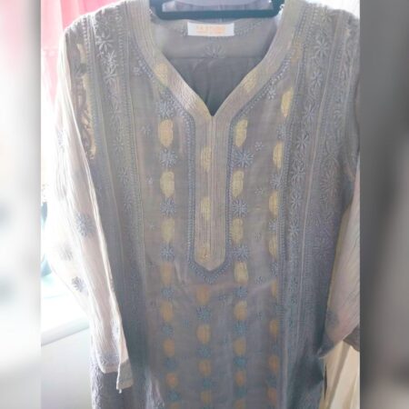 Elegance in every thread, Chikankari on Mul Chanderi fabric with Banarasi style.