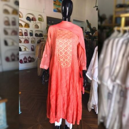 Elegance in every thread, Chikankari on Mul Chanderi fabric with Banarasi style.