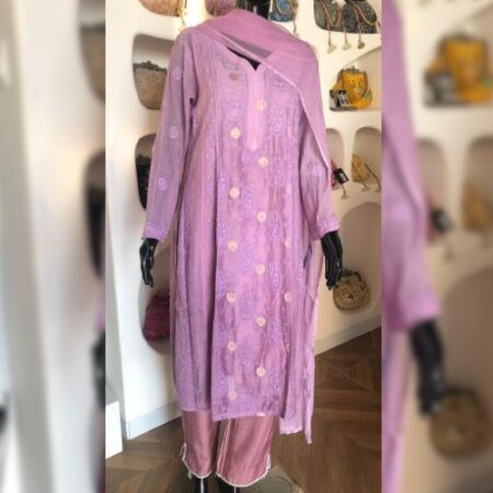 Elegance in every thread, Chikankari on Mul Chanderi fabric with Banarasi style.