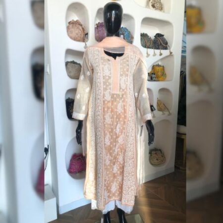 Elegance in every thread, Chikankari on Mul Chanderi fabric with Banarasi style.