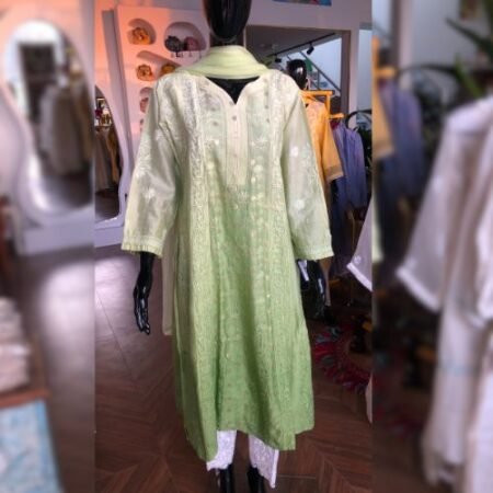 Elegance in every thread, Chikankari on Chanderi silk fabric with Banarasi style.