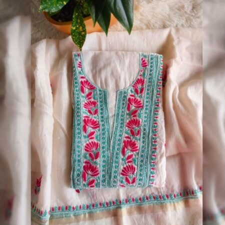 Elegance in every thread, Chikankari on Chanderi Silk with Ari pearls and cutdana work.