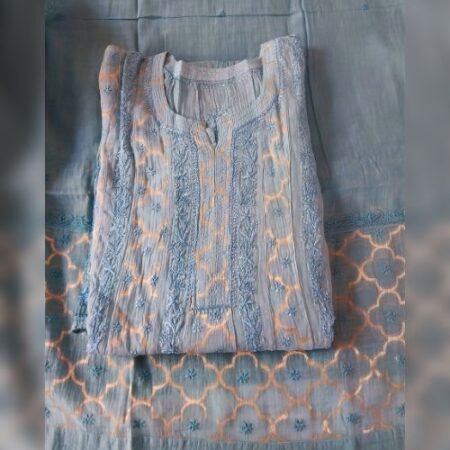 Elegance in every thread, Chikankari on Mul Chanderi fabric with Banarasi style.