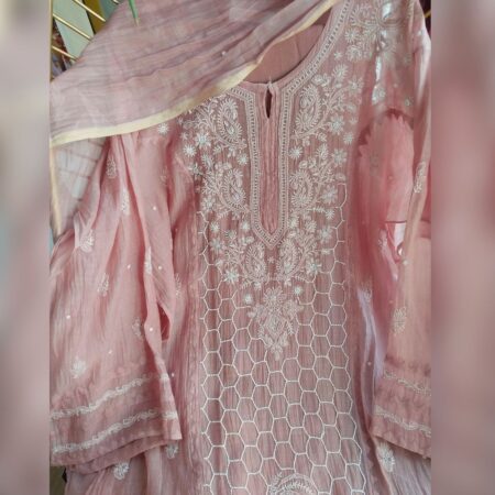 Elegance in every thread, Chikankari on Mul Chanderi fabric with poth work and cutdana work