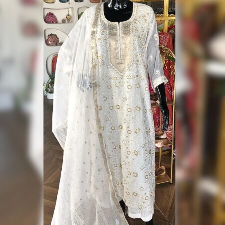 Elegance in every thread, Chikankari on Mul Chanderi fabric with poth work and cutdana work.