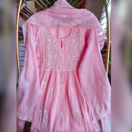 Elegance in every thread, Chikankari on Mul Chanderi fabric with poth work and cutdana work.