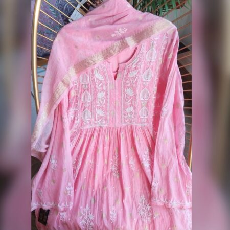 Elegance in every thread, Chikankari on Mul Chanderi fabric with sequins, poth work and cutdana work.