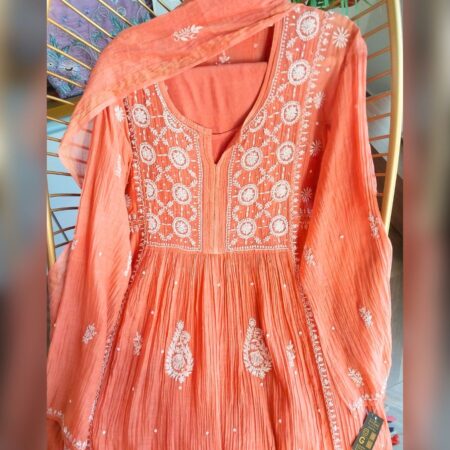 Elegance in every thread, Chikankari on Mul Chanderi fabric with sequins, poth work and cutdana work.