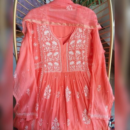 Elegance in every thread, Chikankari on Mul Chanderi fabric with sequins, poth work and cutdana work.