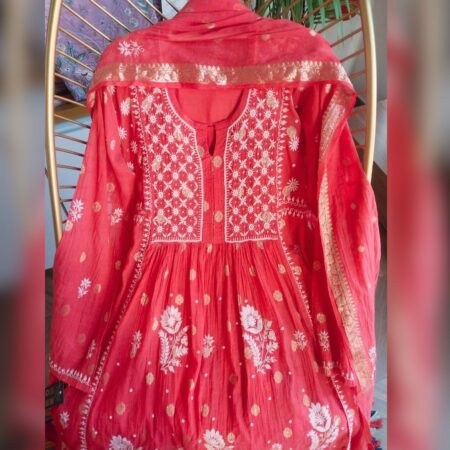 Elegance in every thread, Chikankari on Mul Chanderi fabric with sequins, poth work and cutdana work.