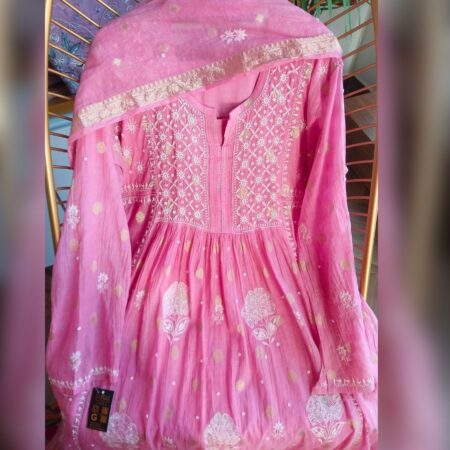 Elegance in every thread, Chikankari on Mul Chanderi fabric with sequins, poth work and cutdana work.