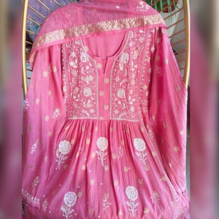 Elegance in every thread, Chikankari on Mul Chanderi fabric with sequins, poth work and cutdana work.