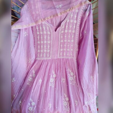 Elegance in every thread, Chikankari on Mul Chanderi fabric with sequins, poth work and cutdana work.