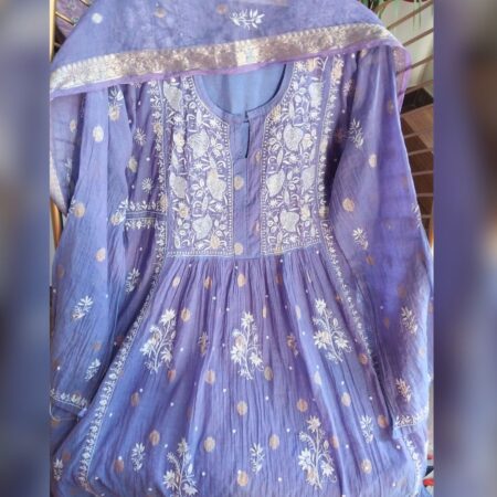 Elegance in every thread, Chikankari on Mul Chanderi fabric with sequins, poth work and cutdana work.