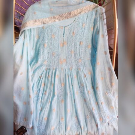 Elegance in every thread, Chikankari on Mul Chanderi fabric with sequins, poth work and cutdana work.