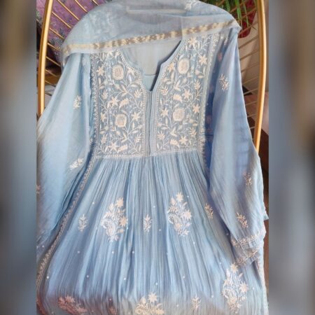 Elegance in every thread, Chikankari on Mul Chanderi fabric with poth work and cutdana work.