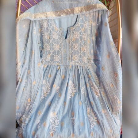 Elegance in every thread, Chikankari on Mul Chanderi fabric with sequins, poth work and cutdana work.