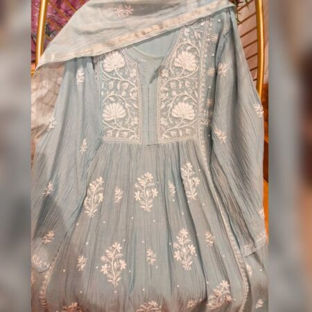 Elegance in every thread, Chikankari on Mul Chanderi fabric with sequins, poth work and cutdana work.
