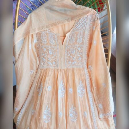 Elegance in every thread, Chikankari on Mul Chanderi fabric with sequins, poth work and cutdana work.