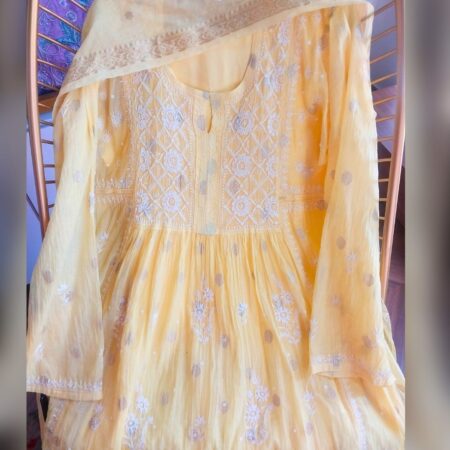 Elegance in every thread, Chikankari on Mul Chanderi fabric with poth work and cutdana work.