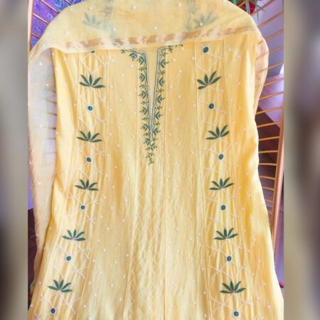 Elegance in every thread, Chikankari on Chanderi Silk fabric with kasab, sequins, poth work and cutdana work.