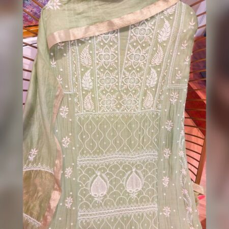 Elegance in every thread, Chikankari on Mul Chanderi fabric with kasab, poth work and cutdana work.
