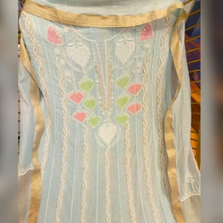 Elegance in every thread, Chikankari on Mul Chanderi fabric with kasab, poth work and cutdana work.