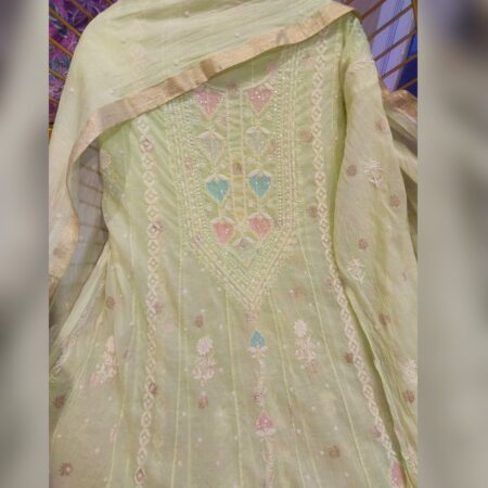 Elegance in every thread, Chikankari on Mul Chanderi fabric with poth work and cutdana work.