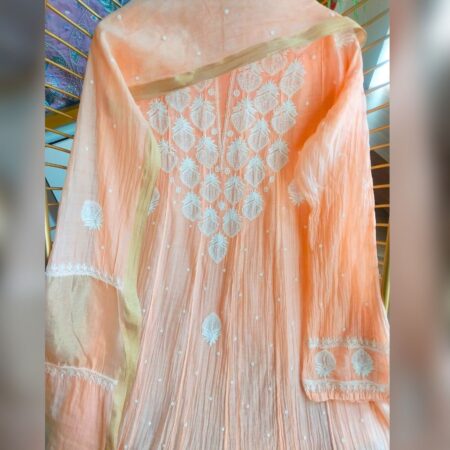 Elegance in every thread, Chikankari on Mul Chanderi fabric with poth work and cutdana work.