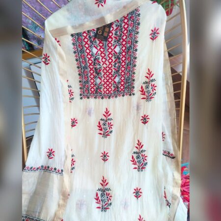 Elegance in every thread, Chikankari on Mul Chanderi fabric with poth work and cutdana work.