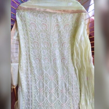 Elegance in every thread, Chikankari on Mul Chanderi fabric with kasab, poth work and cutdana work.