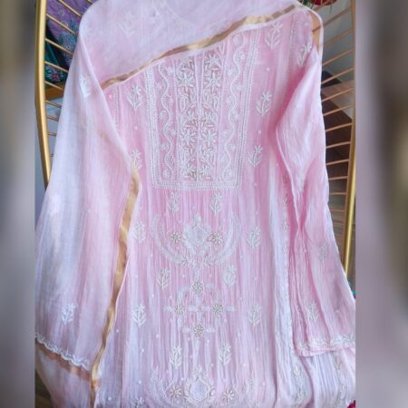 Elegance in every thread, Chikankari on Mul Chanderi fabric with kasab, poth work and cutdana work.