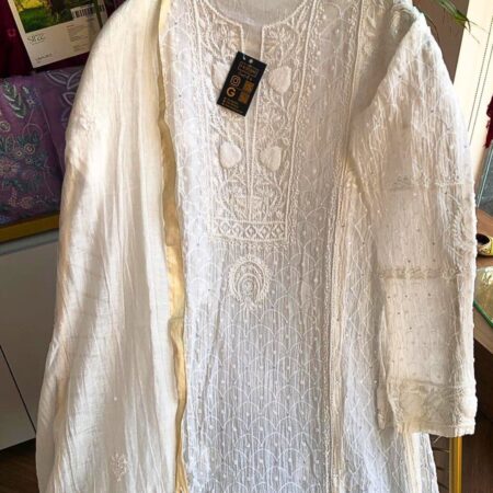 Elegance in every thread, Chikankari on Mul Chanderi with sequins, poth work and cutdana work.