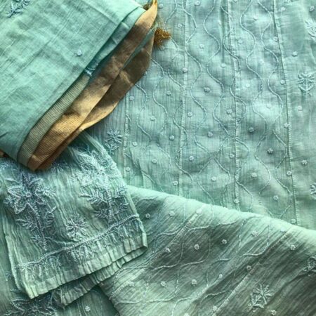 Elegance in every thread, Chikankari on Mul Chanderi with kasab, poth work and cutdana work.