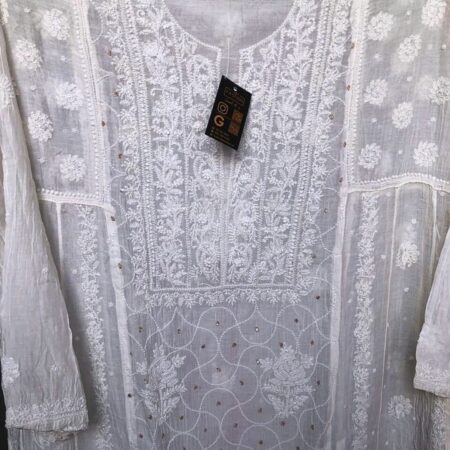 Elegance in every thread, Chikankari on Mul Chanderi with kasab, poth work and cutdana work.