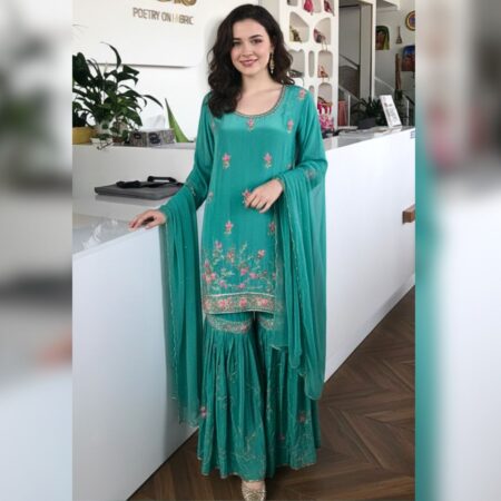 Where luxury meets graceful drape, Hand-done Zardozi work on Crepe silk.