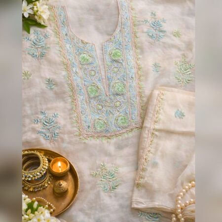 Elegance in every thread, Chikankari on Organza Silk with kasab, poth and cutdana work.