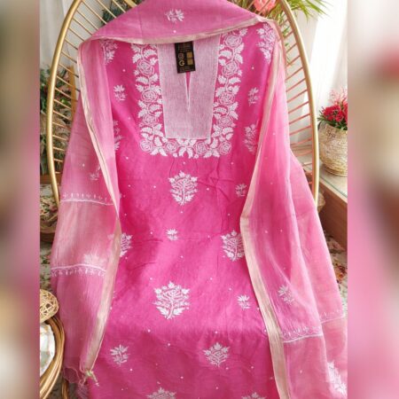 Elegance in every thread, Chikankari on Chanderi silk with poth work and cutdana work.