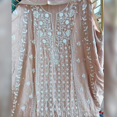 Elegance in every thread, Chikankari on Chanderi Silk with kasab, poth work and cutdana work.