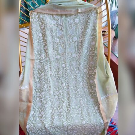 Elegance in every thread, Chikankari on Chanderi Silk with kasab, poth work and cutdana work.