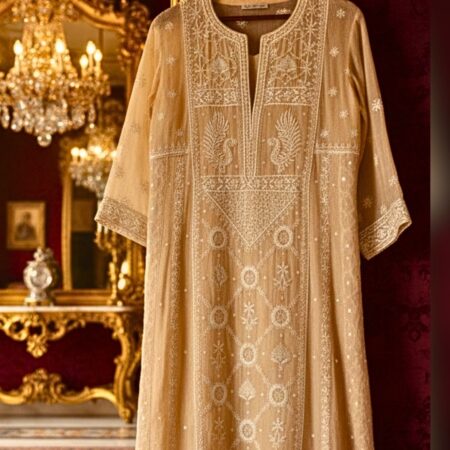 Elegance in every thread, Chikankari on Mul mul with kasab, poth work and cutdana work.