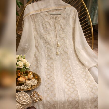 Elegance in every thread, Chikankari on Mul Chanderi with thread work and banarasi brocade.