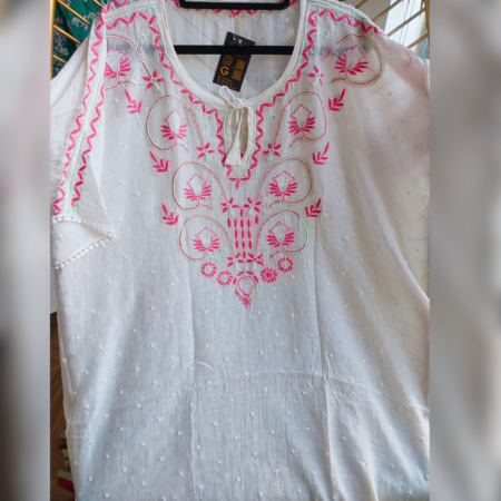 Elegance in every thread, Chikankari kaftan on Mul mul with poth work and cutdana work.