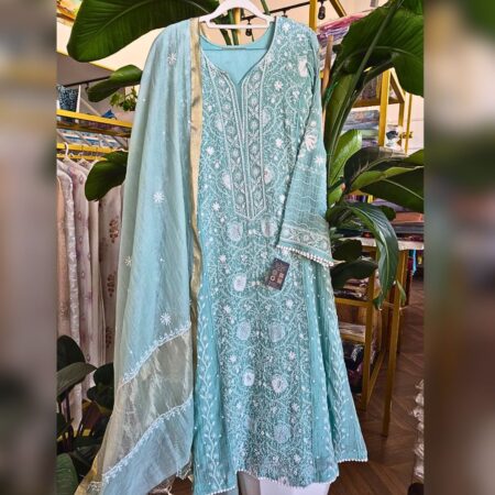 Elegance in every thread, Chikankari on Mul mul with poth work and cutdana work.