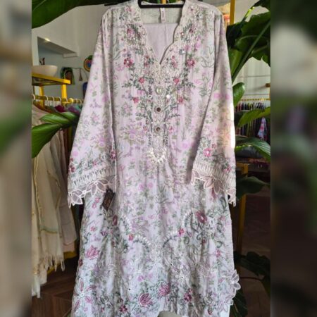 Ethnic stitched suit in elegant cotton net fabric. Light Lavender