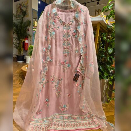 Aghanoor stitched suit in elegant organza silk 3pcs. Salmon Pink